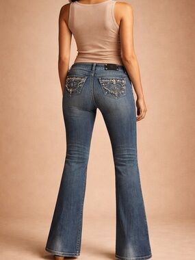 Miss Me Easy Boot Bootcut Jeans Mid Rise Medium Wash Size 28 Y2K Western Bling